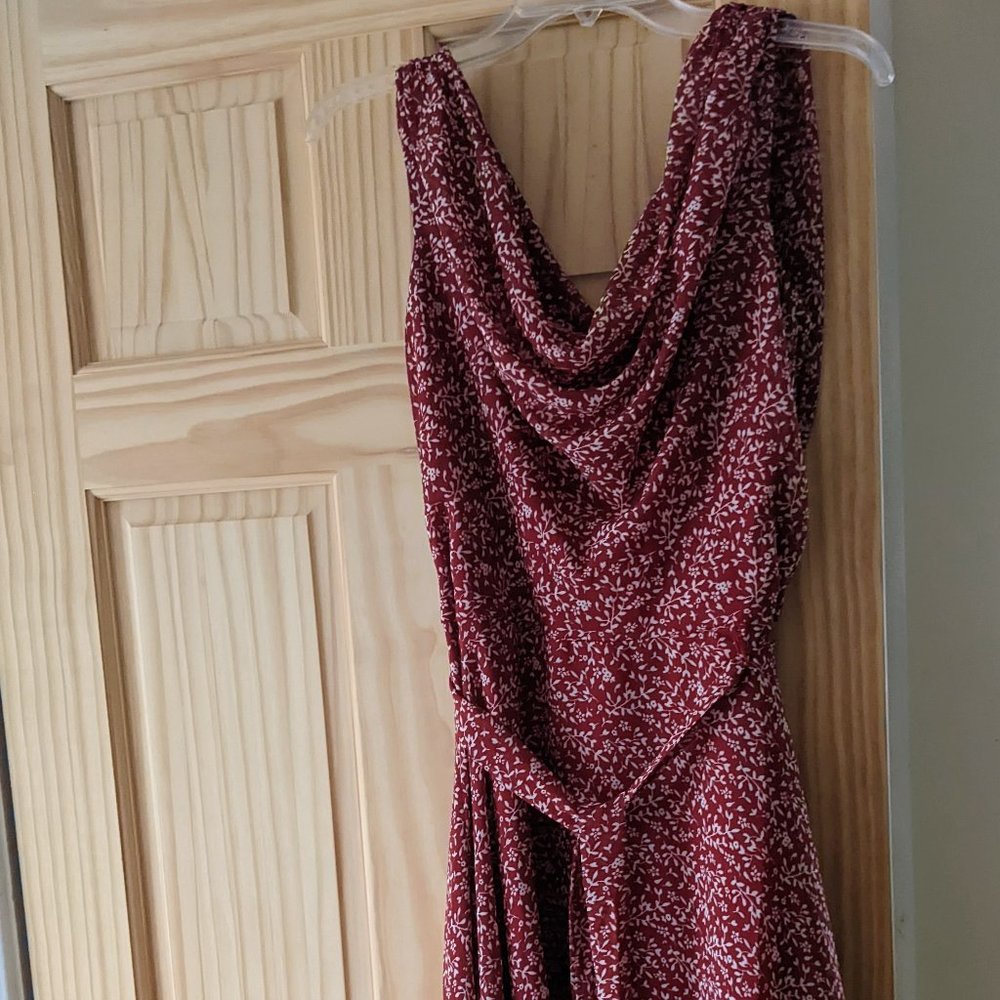 Burgundy floral draped midi dress